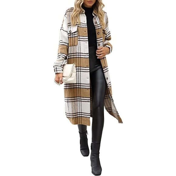 𝅺CASUAL Tan Plaid Button Down Long Puff Sleeve Trench Coat Jacket Shacket Wool - Picture 9 of 10